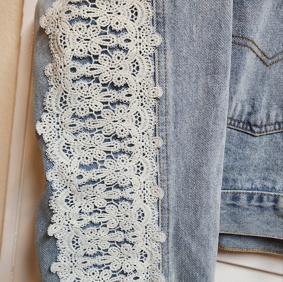 POL Long Sleeve Denim Jacket With Lace And Pearl Detail - Picture 2 of 6